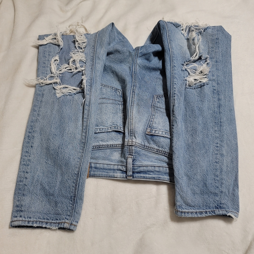 American Eagle Highest Rise Mom Jean Sz 0 Blue Denim Distressed AE School - Picture 3 of 7